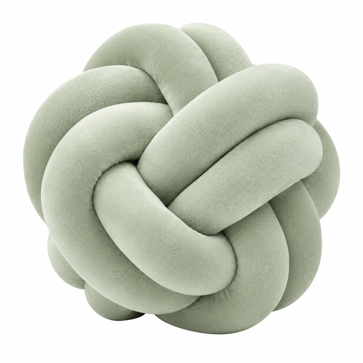 Cuscino decorativo a nodo diametro 30 cm in tessuto effetto peluche verde salvia per arredamento moderno