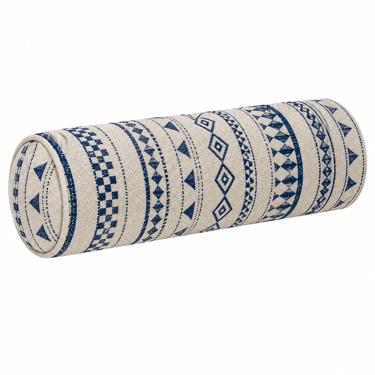Cuscino cilindrico 18 x 45 cm in tessuto beige e blu con motivo geometrico - supporto decorativo