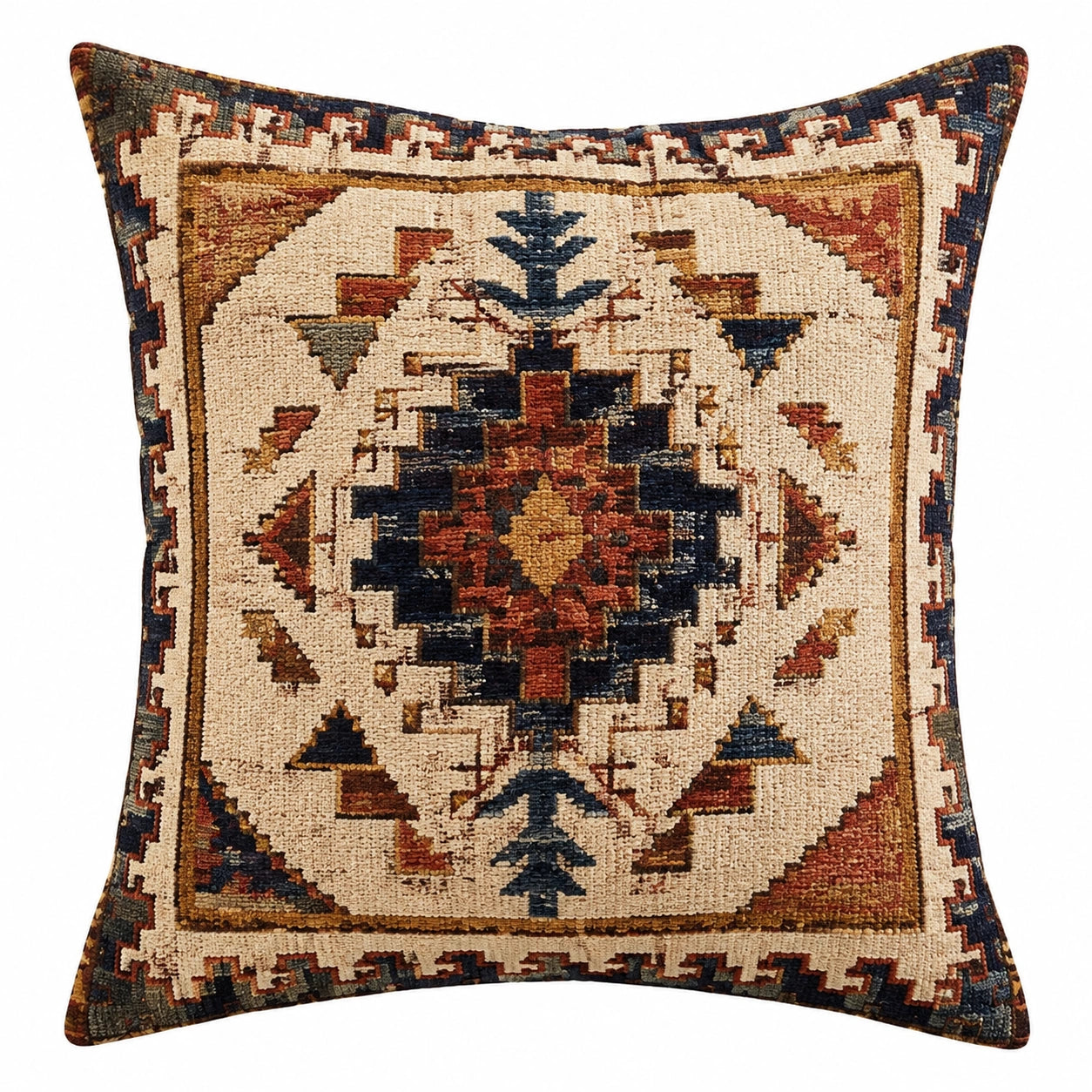 Cuscino decorativo quadrato 45 x 45 cm in tessuto beige blu e terracotta per divano stile geometrico