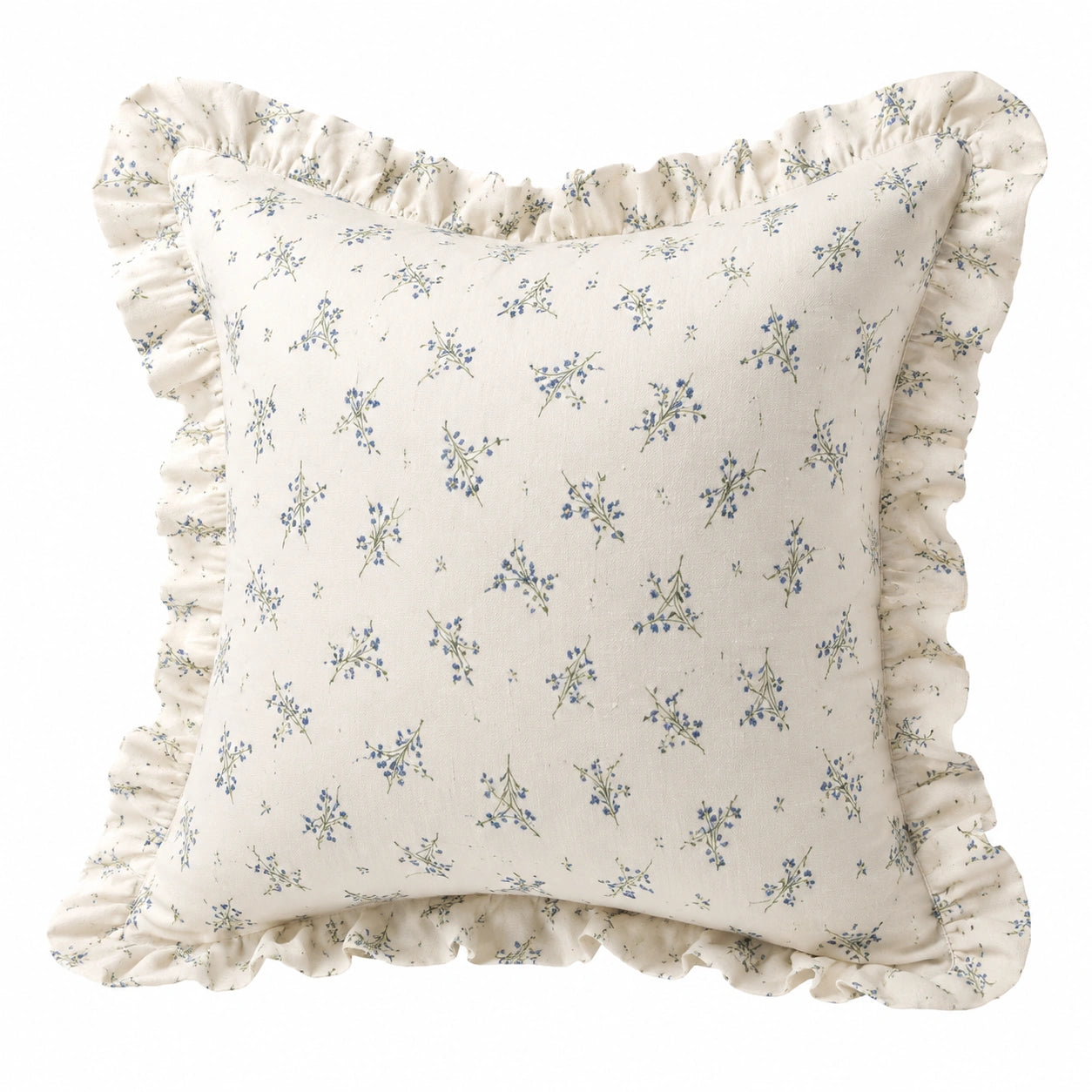 Cuscino decorativo quadrato 45 x 45 cm in tessuto avorio con stampa floreale blu e volant stile romantico