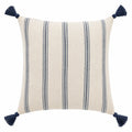 Cuscino decorativo quadrato 45 cm in tessuto beige e blu con righe e nappe