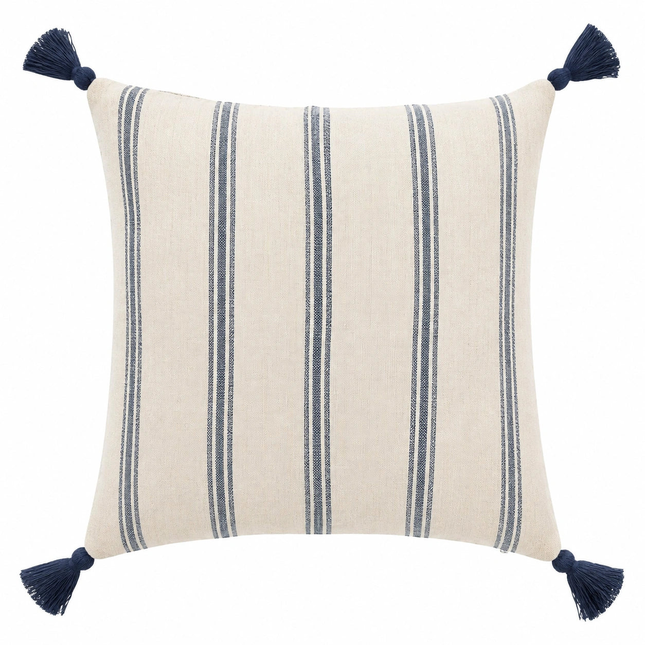 Cuscino decorativo quadrato 45 cm in tessuto beige e blu con righe e nappe