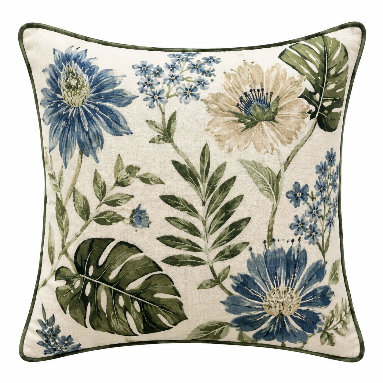 Cuscino decorativo quadrato 45 x 45 cm in tessuto crema blu verde con stampa botanica