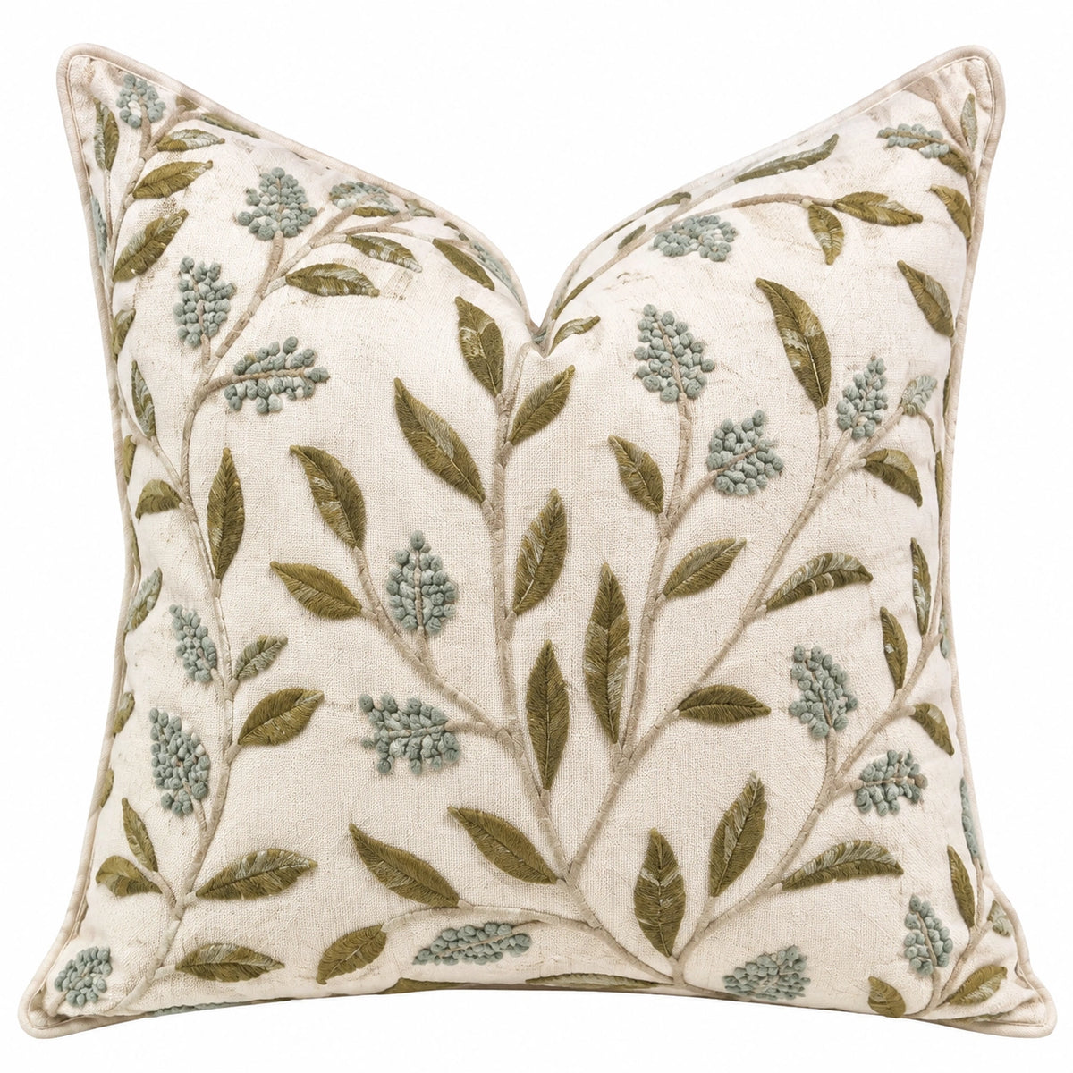 Cuscino decorativo quadrato 45 cm in tessuto beige con ricamo botanico