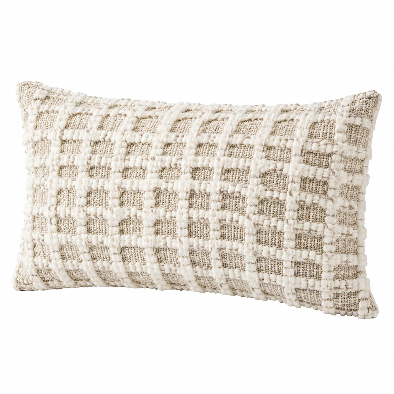 Cuscino decorativo rettangolare 50 x 30 cm in tessuto beige e bianco con trama a rilievo