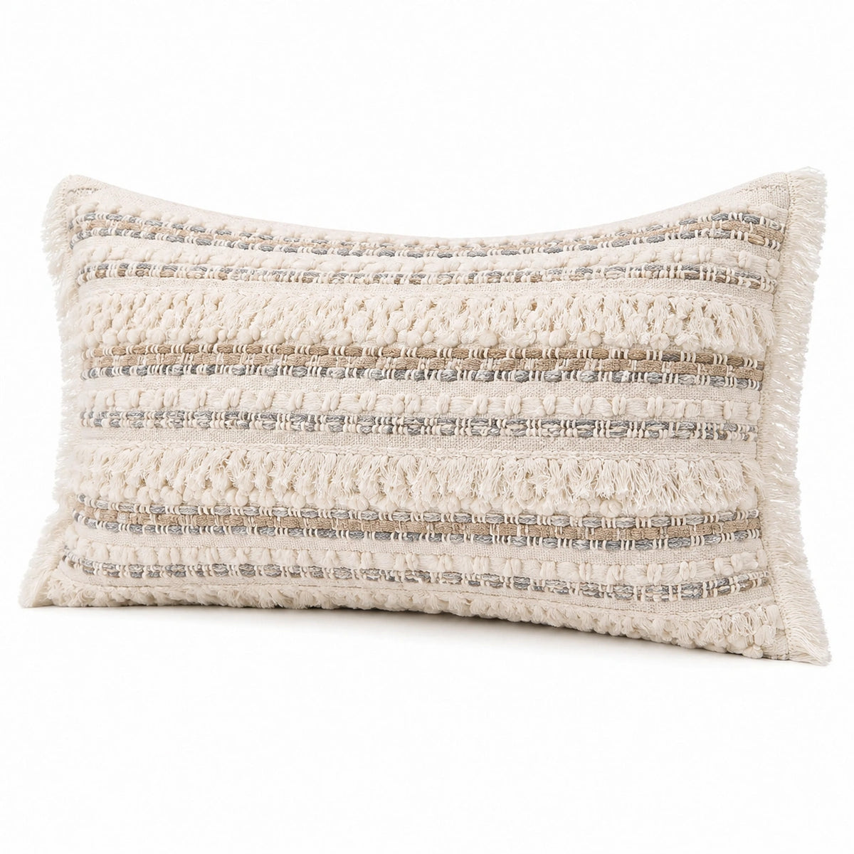 Cuscino decorativo rettangolare 50 x 30 cm in cotone beige e grigio stile boho con frange
