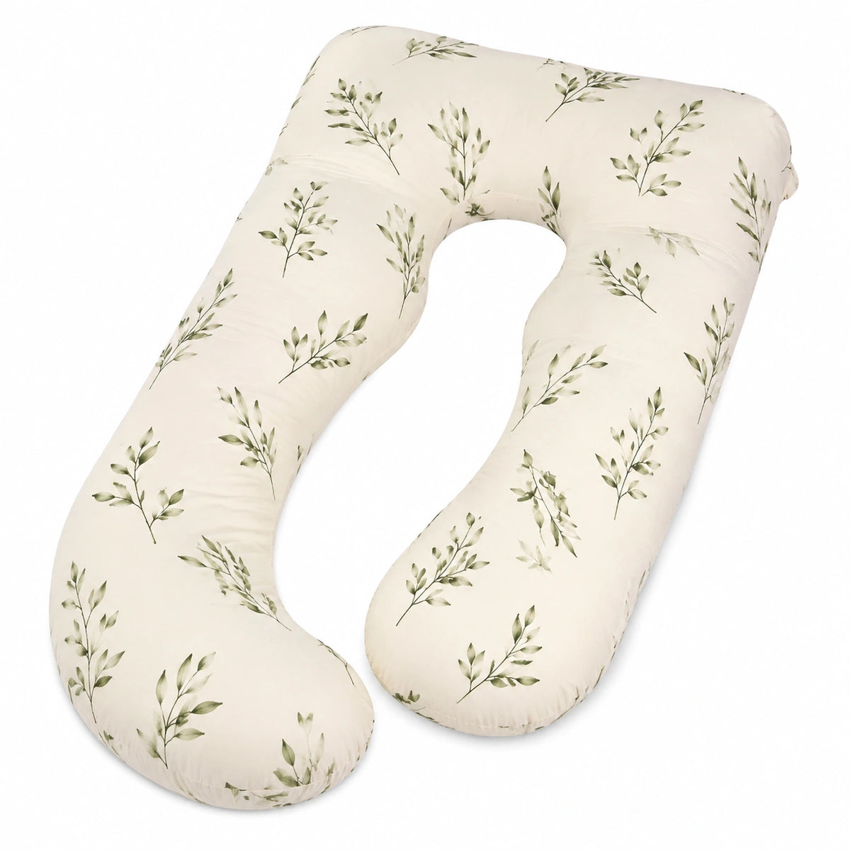 Cuscino gravidanza a U 140 cm in tessuto avorio verde con motivo botanico per riposo e supporto