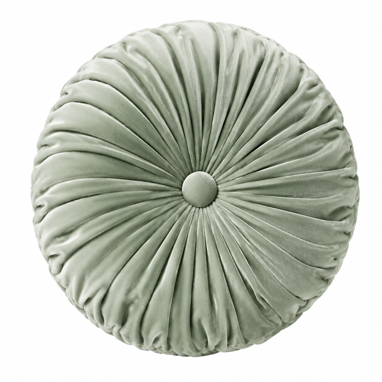 Cuscino decorativo rotondo diametro 40 cm in velluto verde salvia con pieghe radiali