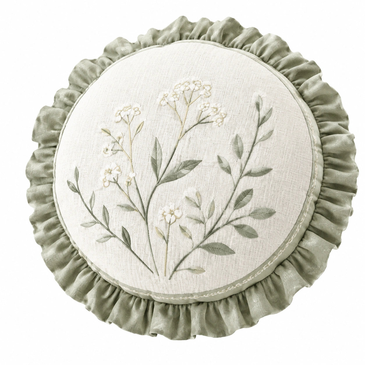 Cuscino decorativo rotondo 45 cm in tessuto beige e verde salvia con volant floreale